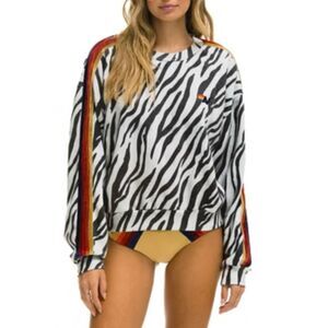 NWT Aviator Nation Classic Zebra Print Relaxed Fit Crewneck Sweatshirt Women's